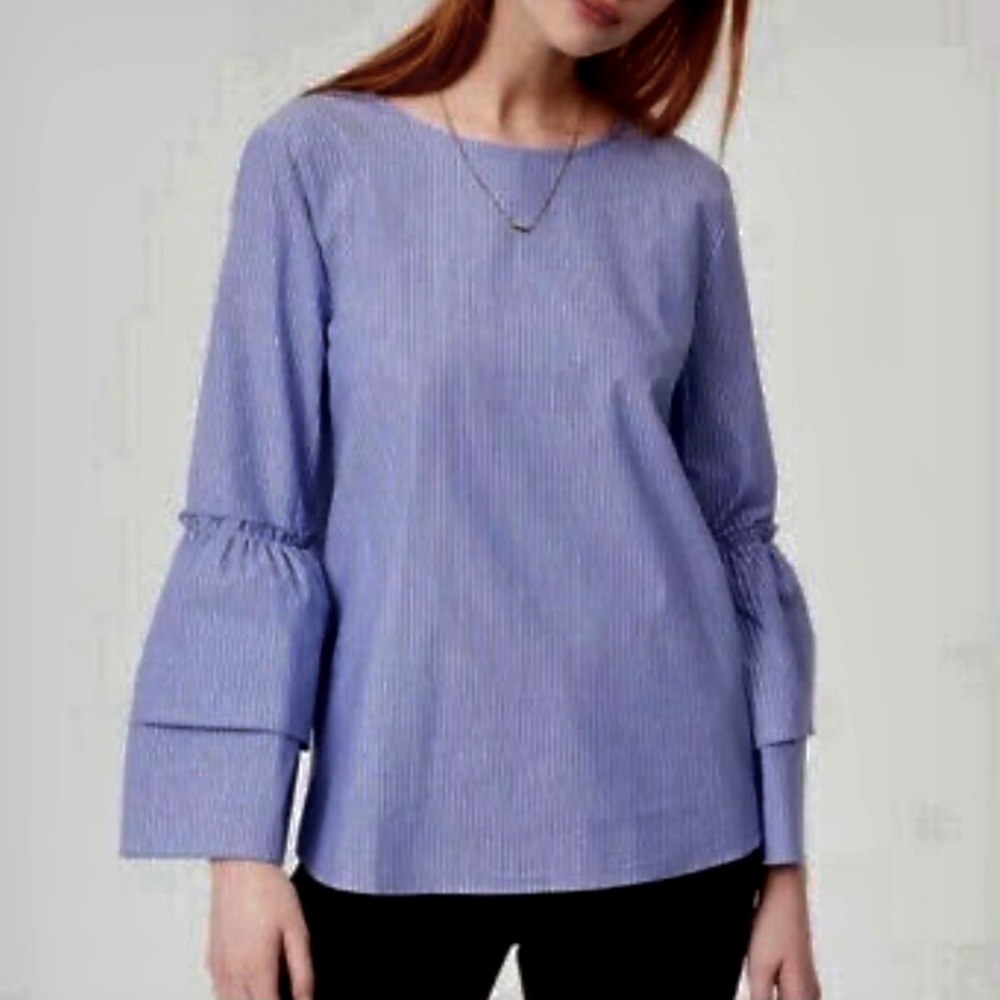 Loft Blue/White Pinstriped Bell-Sleeve Top, NWT, Size L